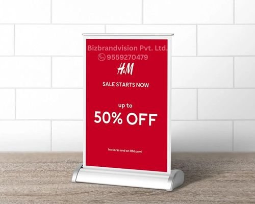 Branded table top advertising stands by Bizbrandvision Pvt. Ltd. for events, restaurants, and counters