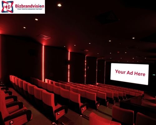 Theater advertisement solutions by Bizbrandvision Pvt. Ltd. including slides, videos, and standee placements